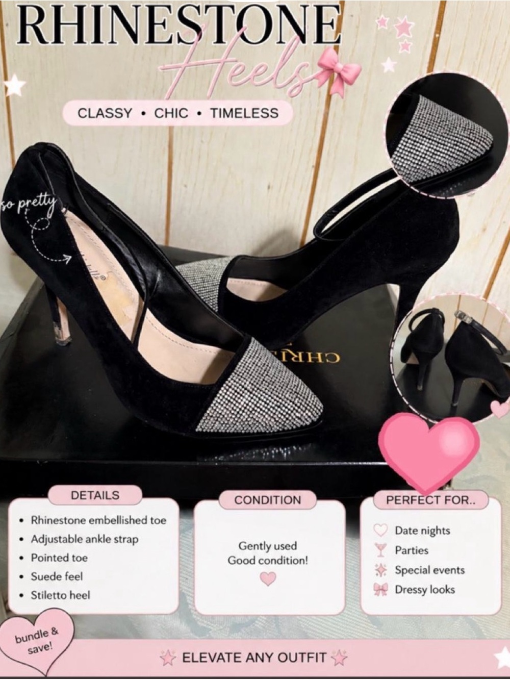 Christian Siriano Black Rhinestone Pointed Toe Ankle Strap Heels